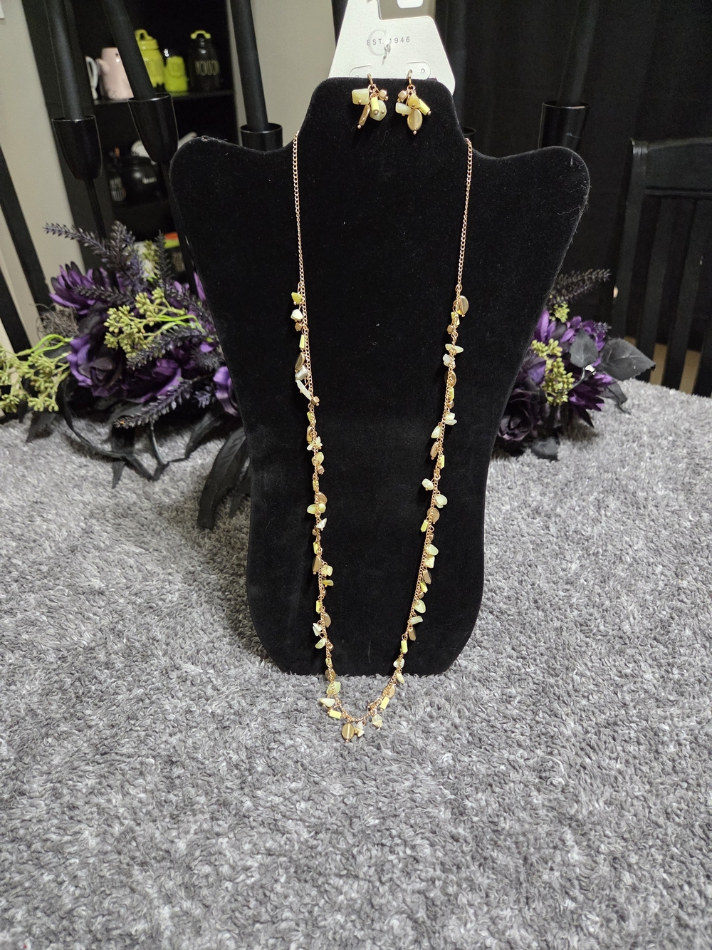 Cato Gold-Tone Long Necklace with Yellow Bead Accents and Matching Earrings